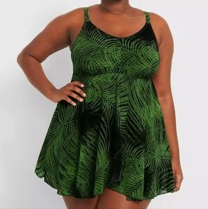 SWIM BY CACIQUE Green Tropical Print One-piece Swimsuit Swimskirt, Sz 16